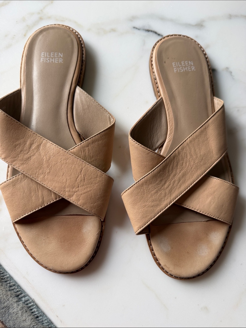 Eileen Fisher Beige/Tan Leather Crisscross Slide Sandals